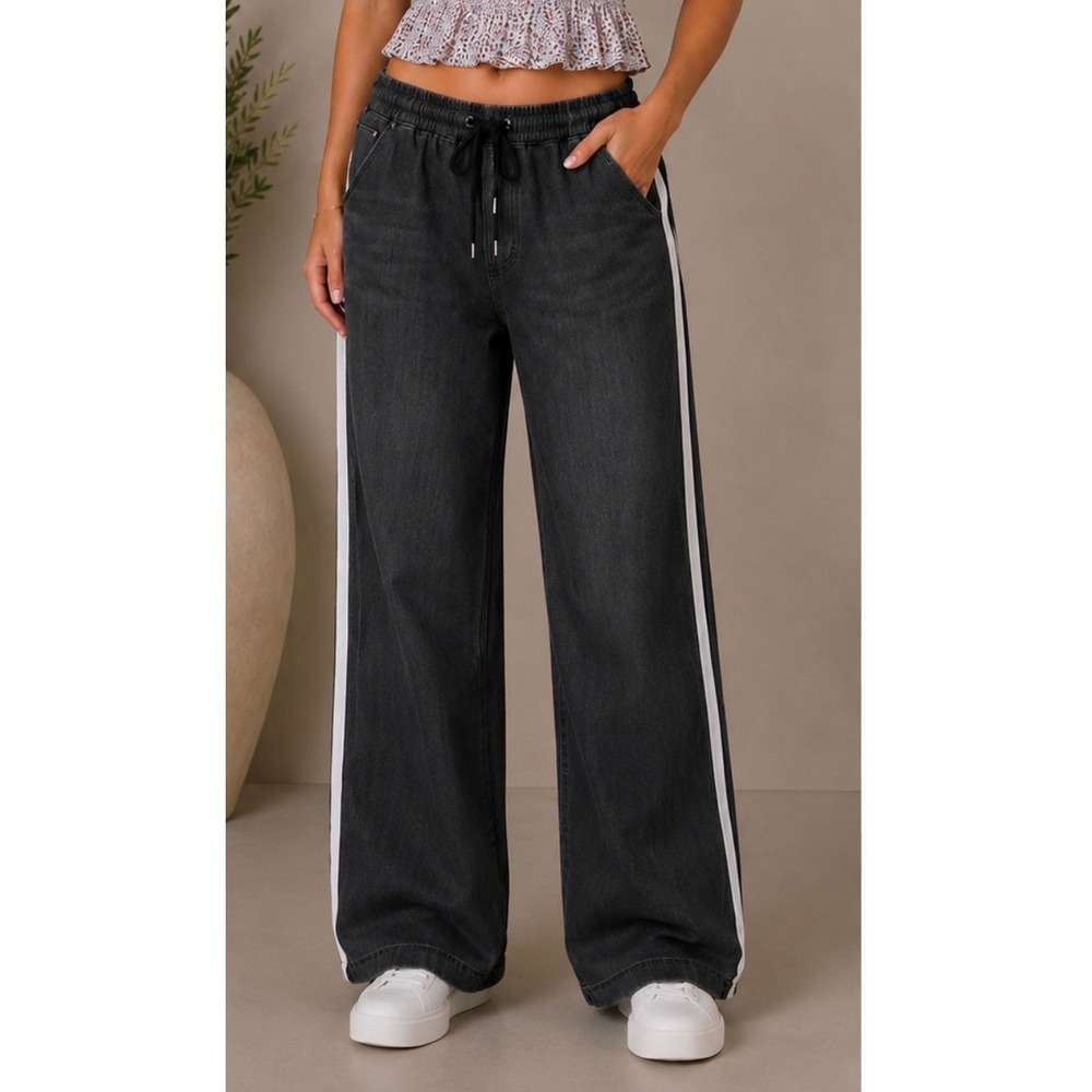 NWOT Halara Womens Flex Low Rise Drawstring Baggy Jeans Medium Striped Black